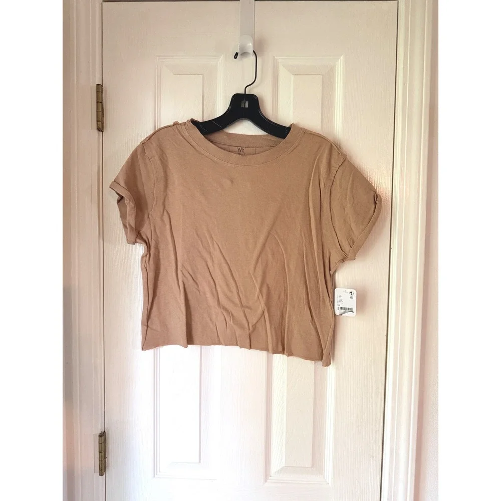 Free People We The Free The Perfect Tee Bunny Tan Cropped Raw Hem XS OB856189